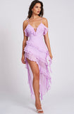 ROBE LONGUE À VOLANTS EN RAYONNE LILAS THEODORA