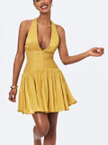 Xavia Gold Crystal Organza Plunging Halter Mini Dress