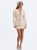 Wenley Beige Cotton Lace Puff Sleeve Cinched Top
