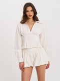 Sylvia White Pinstripe Deep V Pleated Shirt