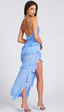 ROBE LONGUE À VOLANTS EN RAYONNE BLEUE THEODORA