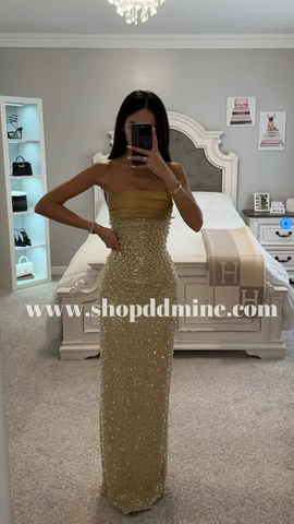 LAINEY GOLD SATIN SEQUIN PEARL BEADED MAXI DRESS As Shown / XXS LAINEY GOLD SATIN SEQUIN PEARL BEADED MAXI DRESS As Shown / XXS