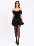 Echo Black Velvet Off-shoulder Pleated Mini Dress