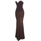 Giovana Espresso Sweetheart Draped Mesh Maxi Dress