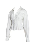 Sylvia White Pinstripe Deep V Pleated Shirt