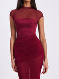 Burgundy mesh cap sleeve mermaid gown