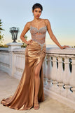 FITTED BEADED AND SATIN METALLIC GOWN