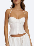 Waverly White Cotton Poplin Button-Front Sweetheart Halter Top