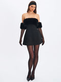 Evelyn Black Fur-trimmed Mini A-line Dress