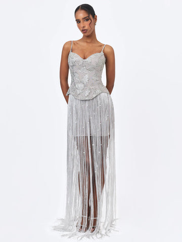 Olisa Silver Beaded Peplum Tassel Maxi Dress