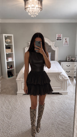 Sleeveless Faux Leather Layered Pleated Mini Dress