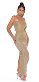 ROBE LONGUE EN MOUSSELINE DE SOIE FRONCÉE DORÉE 