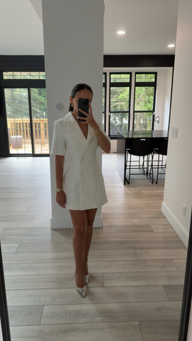 Madelina White Double Breast Satin Trim Blazer Dress