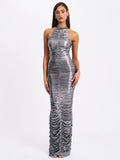 RUCHED SILVER GLITTER BACKLESS GOWN