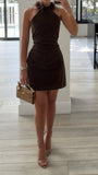 Yael Espresso Vegan Suede Faux Fur Halter Mini Dress