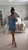 Mock Neck Sheer Mesh Denim Dress