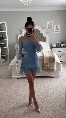 Mock Neck Sheer Mesh Denim Dress