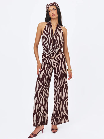 Ashlyn Burgundy & Beige Abstract Zebra Print Belted Halter Jumpsuit