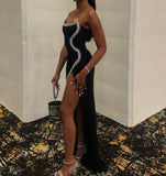 XOANA BLACK CRYSTAL EMBELLISHED HIGH SLIT GOWN