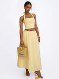 Wilsie Lemon Yellow Cotton Poplin Ruched Halter Top