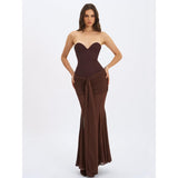 Giovana Espresso Sweetheart Draped Mesh Maxi Dress