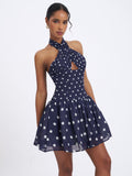 Yamina Navy Polka Dot Ramie Crossover Halter Gathered Mini Dress