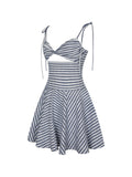 Vinaya Navy & White Striped Linen Flared Mini Dress