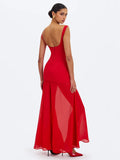 Verona Crimson Scoop Neck Flared Maxi Dress