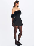 Evelyn Black Fur-trimmed Mini A-line Dress