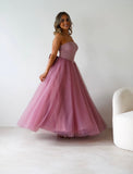 STRAPLESS TULLE BOW BACK GOWN