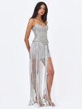 Olisa Silver Beaded Peplum Tassel Maxi Dress