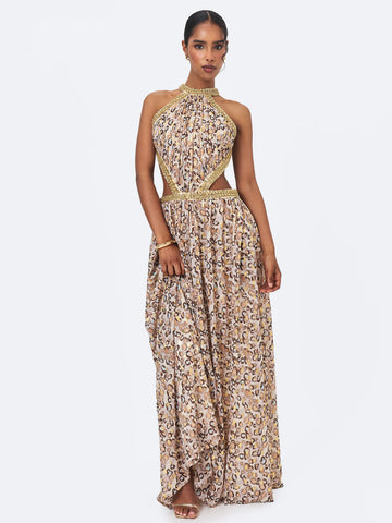 Quinnlyn Beige Cheetah Print Chiffon Halter Maxi Dress