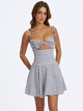 Vinaya Navy & White Striped Linen Flared Mini Dress