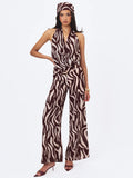 Ashlyn Burgundy & Beige Abstract Zebra Print Belted Halter Jumpsuit