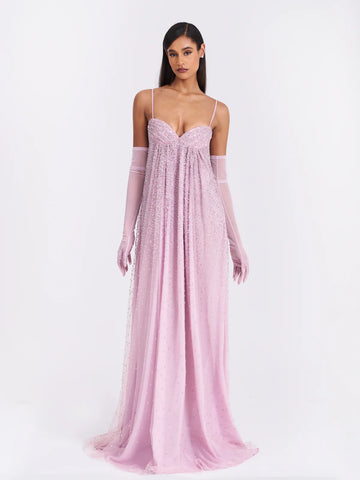 Wallie Pink Rhinestone Embellished Mesh Gown