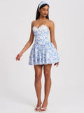 Taleah Blue Floral Print Linen Mini Dress with Lace Trim