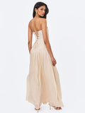Olivine Light Beige Crystal Organza Strapless Maxi Dress