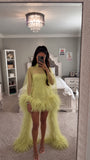 Feather-Trimmed Sheer Mock Neck Mini Dress