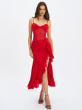 Dahlina Red Ruched Waist High Slit Maxi Dress