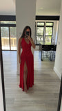 RUCHED HALTER DROP WAIST MAXI DRESS