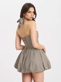 DACIA PLAID HALTER LACE UP BUBBLE HEM MINI DRESS