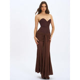 Giovana Espresso Sweetheart Draped Mesh Maxi Dress
