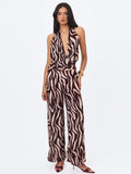 Ashlyn Burgundy & Beige Abstract Zebra Print Belted Halter Jumpsuit