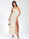 XATIA OFF WHITE JACQUARD TEXTURED HIGH SLIT MAXI DRESS