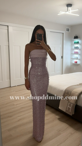 ABITO LUNGO CON PERLINE E PAILLETTES IN RASO VIOLA LAINEY