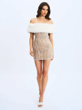 Averie White Fur Off-Shoulder Beige Sequin Mini Dress