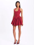 HADARA BURGUNDY SUEDE HALTER MINI DRESS