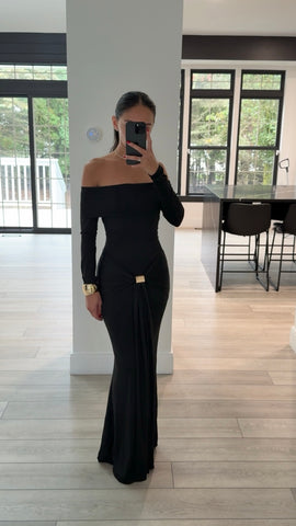 OFF SHOULDER LONG SLEEVE STRETCHY MAXI DRESS