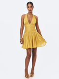 Xavia Gold Crystal Organza Plunging Halter Mini Dress