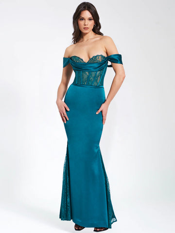 Callista Teal Satin Lace Corset Maxi Dress Xs
